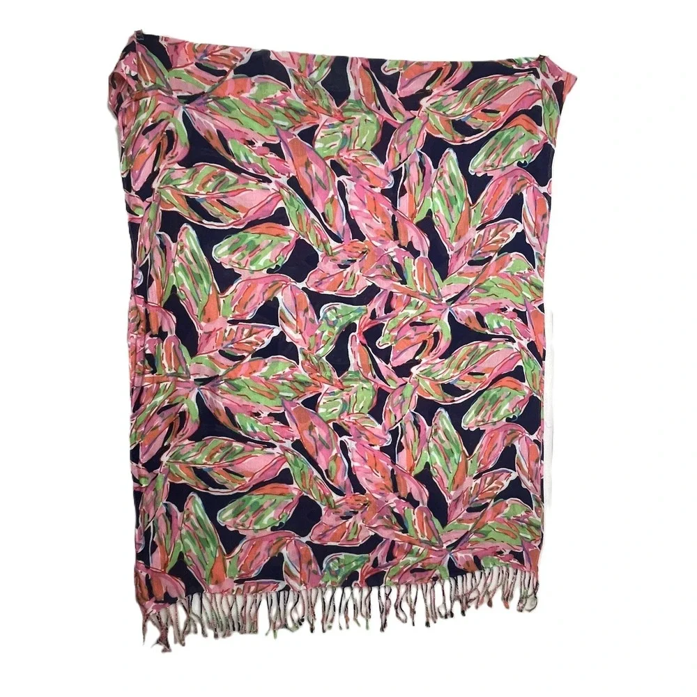 Lilly Pulitzer Murfee Scarf Tusk In Sun Pink Navy Blue Palm‎ Leaf Fringe 10126